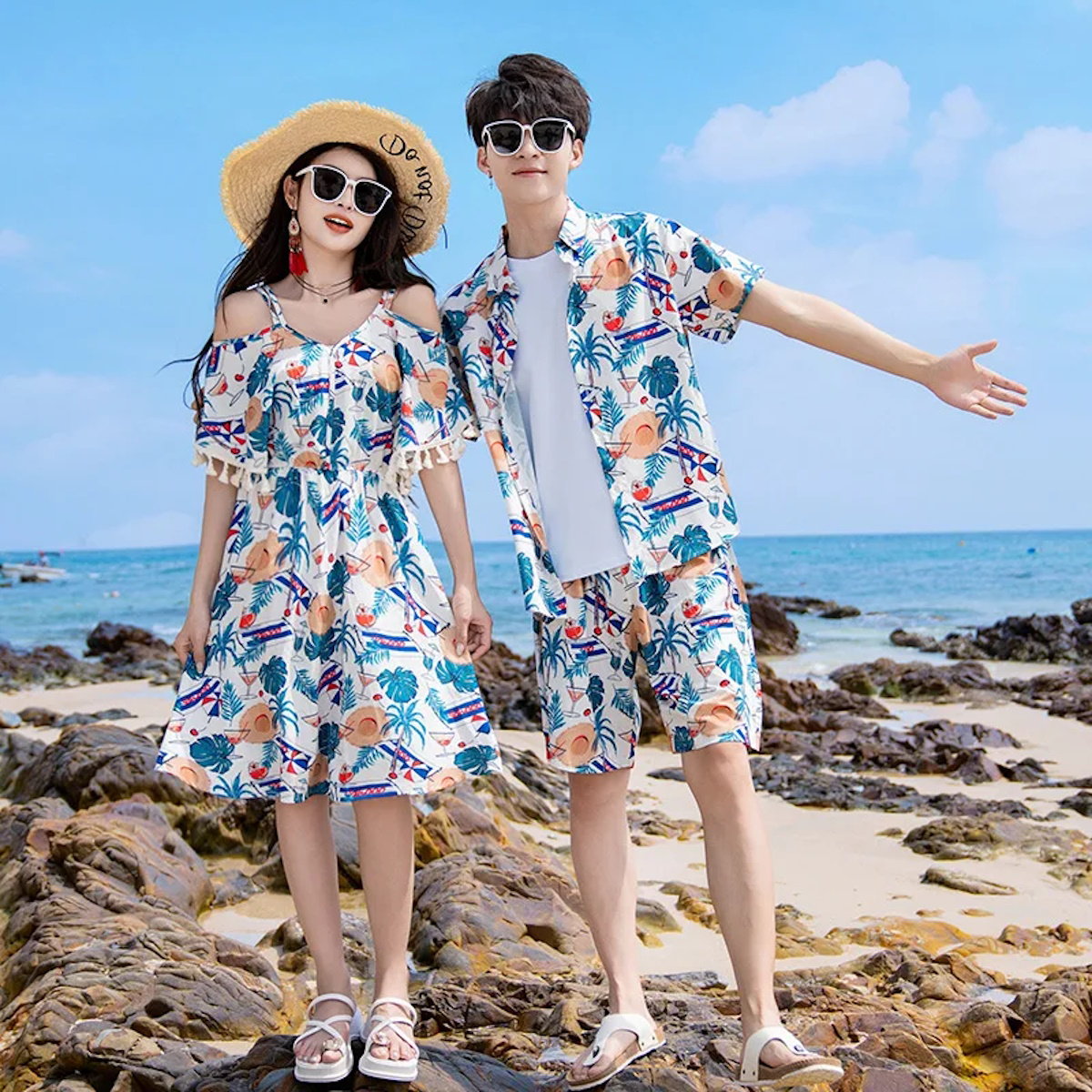 Family Matching Outfits Tropical Print Tassel Dress and T Shirts Set - ChildAngle