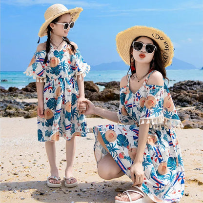 Family Matching Outfits Tropical Print Tassel Dress and T Shirts Set - ChildAngle