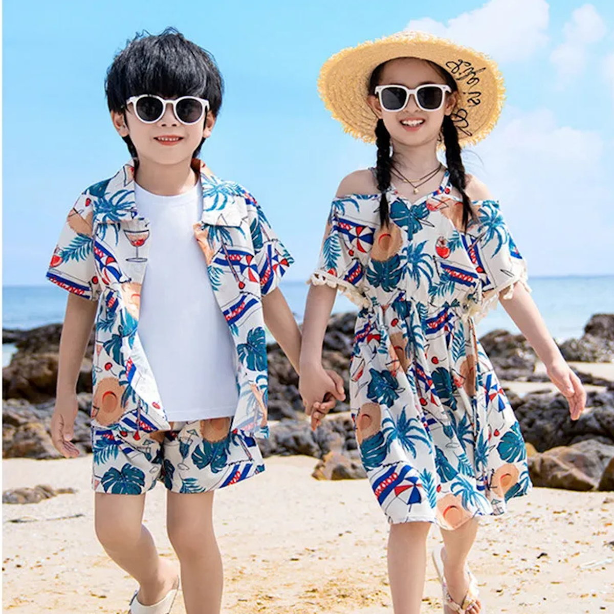 Family Matching Outfits Tropical Print Tassel Dress and T Shirts Set - ChildAngle