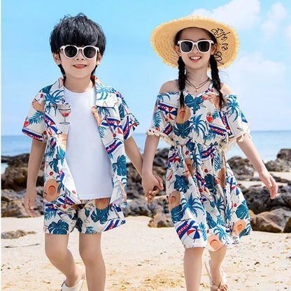 Family Matching Outfits Tropical Print Tassel Dress and T Shirts Set - ChildAngle