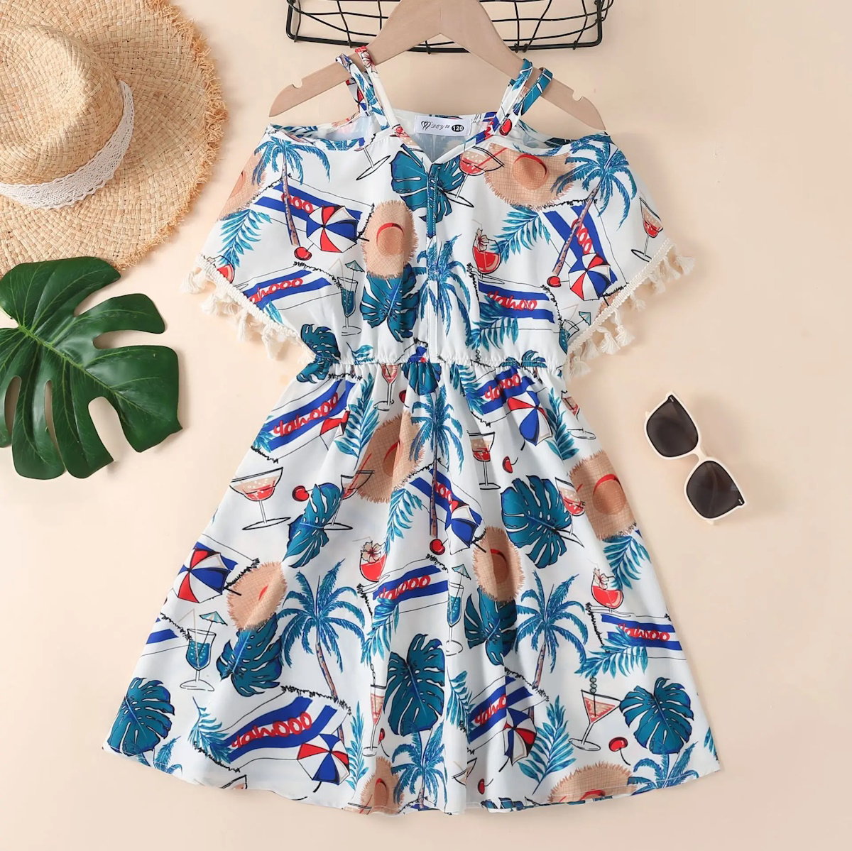 Family Matching Outfits Tropical Print Tassel Dress and T Shirts Set - ChildAngle