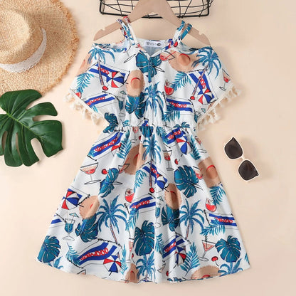 Family Matching Outfits Tropical Print Tassel Dress and T Shirts Set - ChildAngle