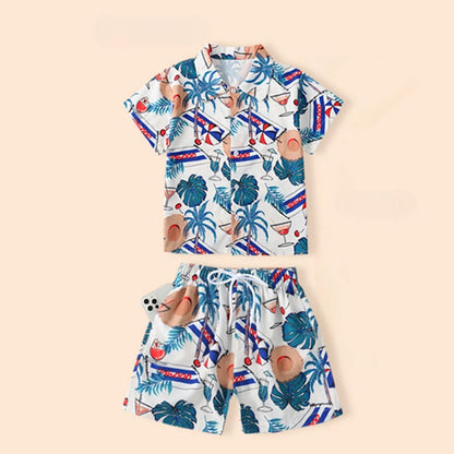 Family Matching Outfits Tropical Print Tassel Dress and T Shirts Set - ChildAngle