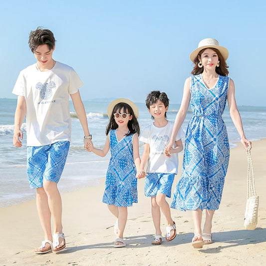 Family Matching Outfits Graphic Shirts and Shorts Set and V Neck Dress - ChildAngle