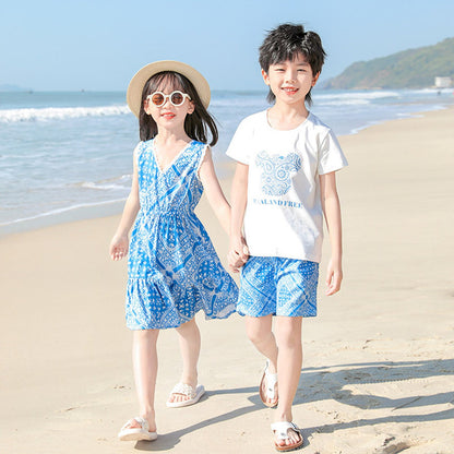 Family Matching Outfits Graphic Shirts and Shorts Set and V Neck Dress - ChildAngle