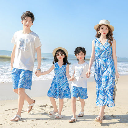 Family Matching Outfits Graphic Shirts and Shorts Set and V Neck Dress - ChildAngle