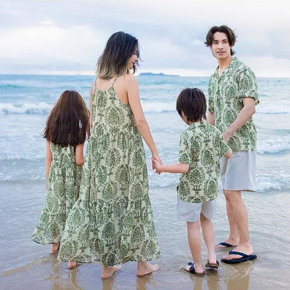 Family Matching Outfits Palm Leaves Tropical Maxi Dress and Shirts Set - ChildAngle