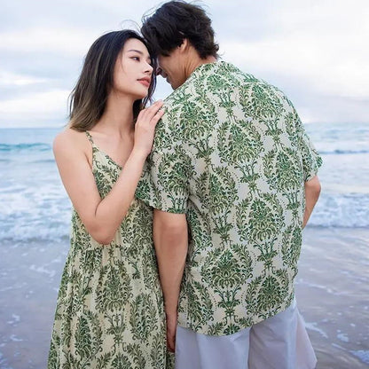 Family Matching Outfits Palm Leaves Tropical Maxi Dress and Shirts Set - ChildAngle