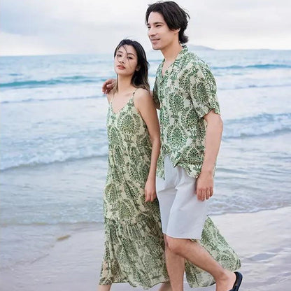 Family Matching Outfits Palm Leaves Tropical Maxi Dress and Shirts Set - ChildAngle