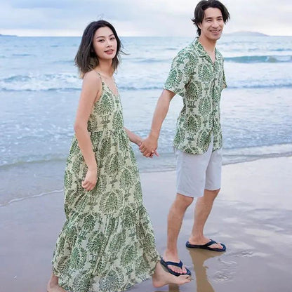 Family Matching Outfits Palm Leaves Tropical Maxi Dress and Shirts Set - ChildAngle