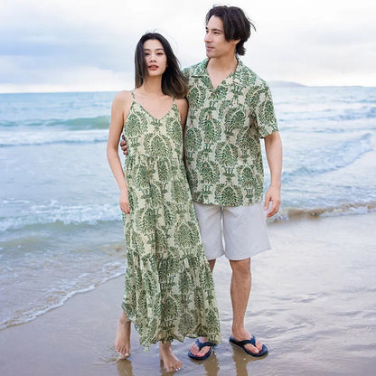 Family Matching Outfits Palm Leaves Tropical Maxi Dress and Shirts Set - ChildAngle