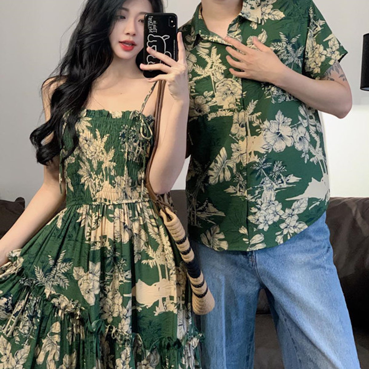 Family Matching Outfits Sleeveless Green Shirred Top Palm Leaves Strap Dress - ChildAngle