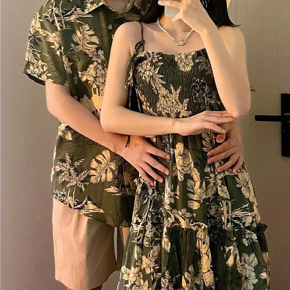 Family Matching Outfits Sleeveless Green Shirred Top Palm Leaves Strap Dress - ChildAngle