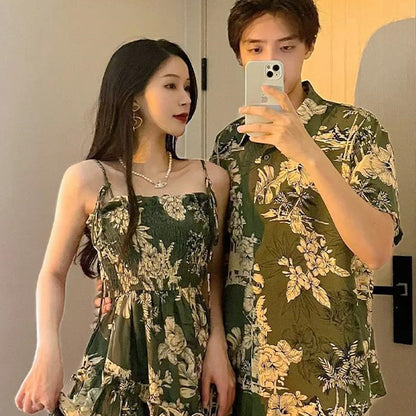 Family Matching Outfits Sleeveless Green Shirred Top Palm Leaves Strap Dress - ChildAngle