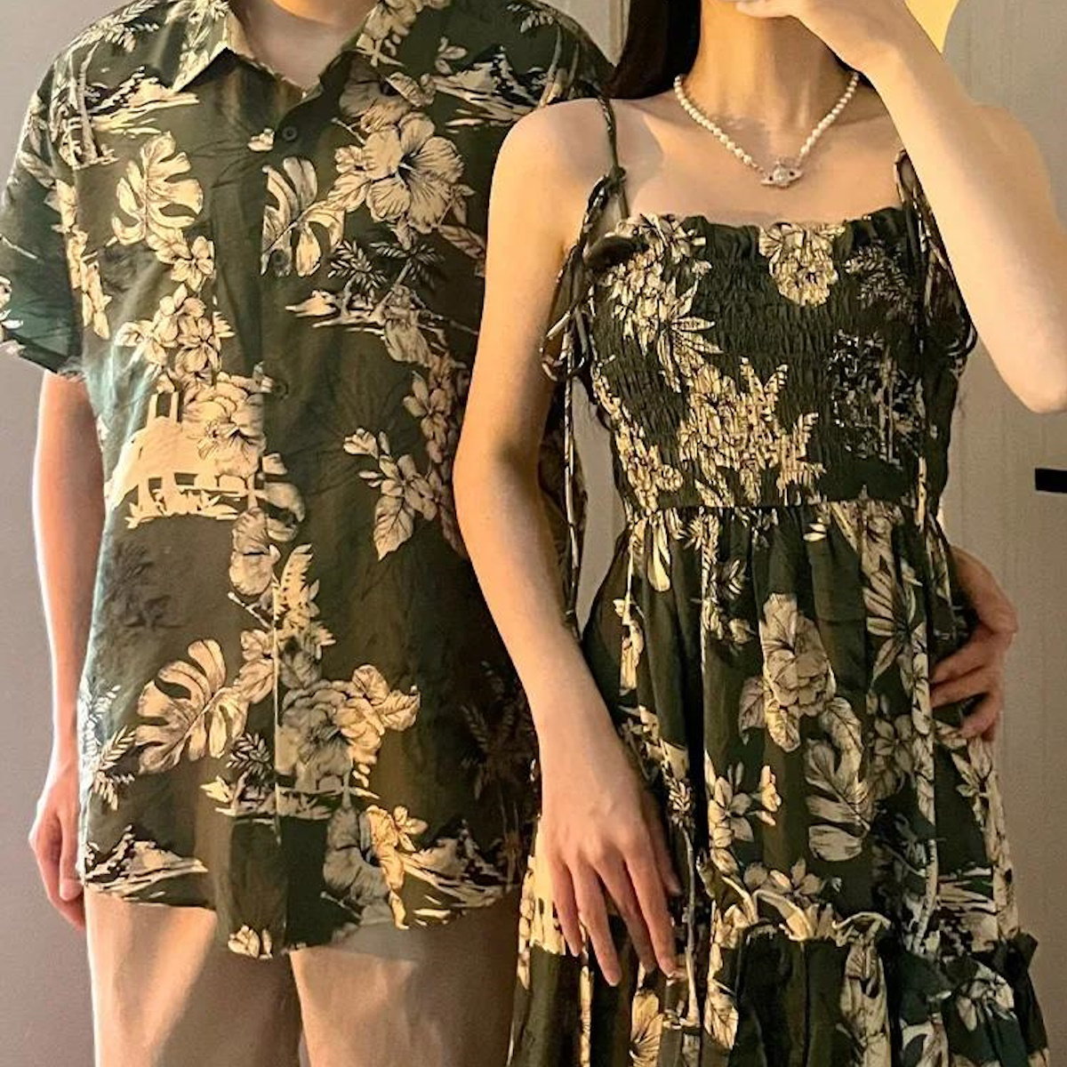 Family Matching Outfits Sleeveless Green Shirred Top Palm Leaves Strap Dress - ChildAngle