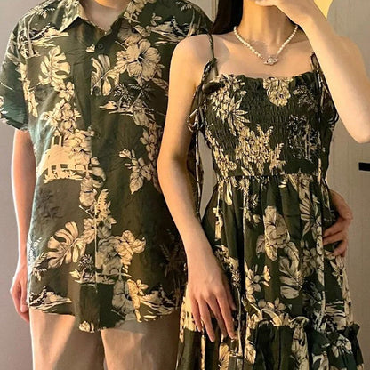 Family Matching Outfits Sleeveless Green Shirred Top Palm Leaves Strap Dress - ChildAngle
