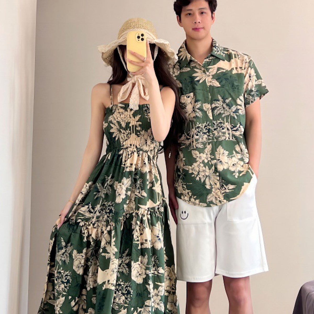 Family Matching Outfits Sleeveless Green Shirred Top Palm Leaves Strap Dress - ChildAngle