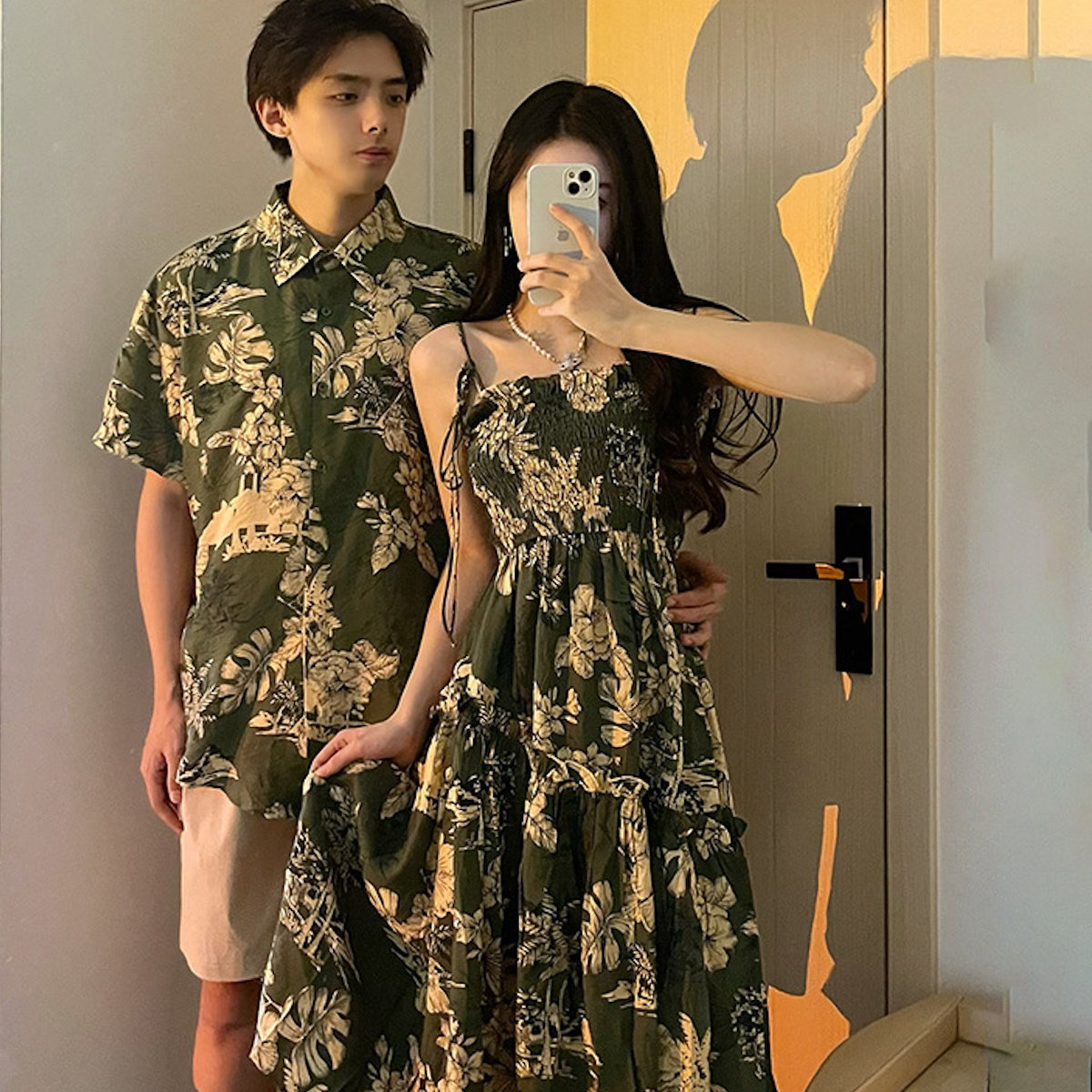 Family Matching Outfits Sleeveless Green Shirred Top Palm Leaves Strap Dress - ChildAngle