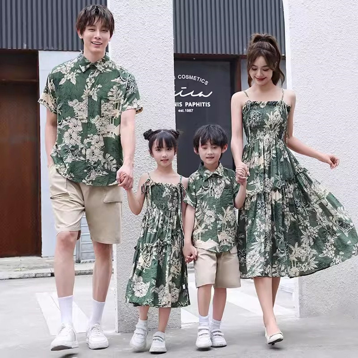 Family Matching Outfits Sleeveless Green Shirred Top Palm Leaves Strap Dress - ChildAngle