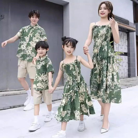 Family Matching Outfits Sleeveless Green Shirred Top Palm Leaves Strap Dress - ChildAngle