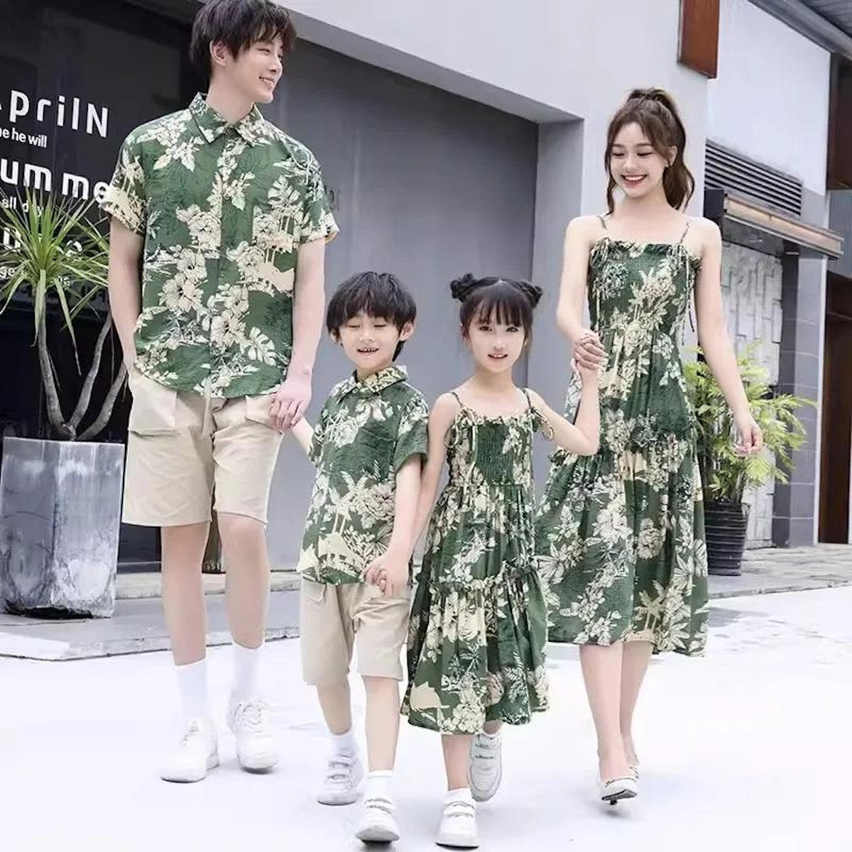 Family Matching Outfits Sleeveless Green Shirred Top Palm Leaves Strap Dress - ChildAngle