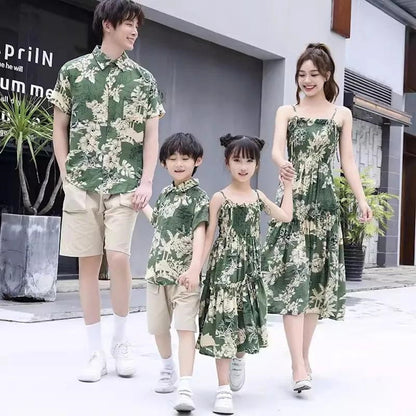 Family Matching Outfits Sleeveless Green Shirred Top Palm Leaves Strap Dress - ChildAngle