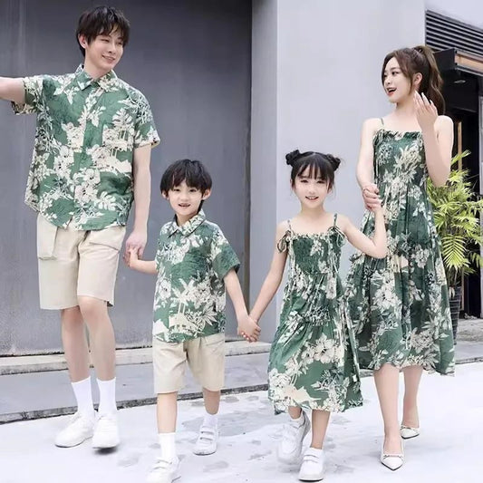 Family Matching Outfits Sleeveless Green Shirred Top Palm Leaves Strap Dress - ChildAngle