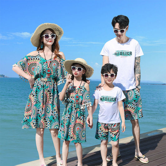 Boho Patterned Off Shoulder V Neck Tassel Dress with Letter Print White T-shirts and Boho Print Beach Shorts - ChildAngle