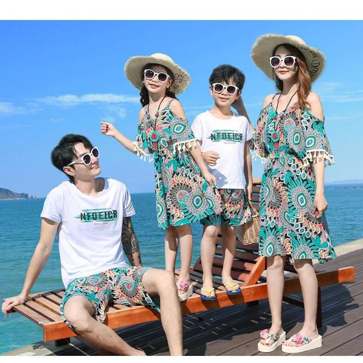 Boho Patterned Off Shoulder V Neck Tassel Dress with Letter Print White T-shirts and Boho Print Beach Shorts - ChildAngle
