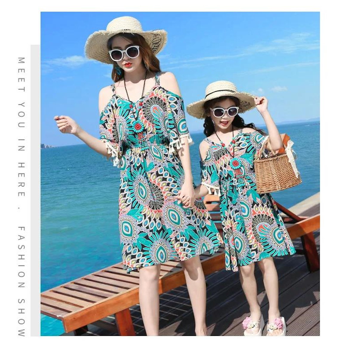 Boho Patterned Off Shoulder V Neck Tassel Dress with Letter Print White T-shirts and Boho Print Beach Shorts - ChildAngle