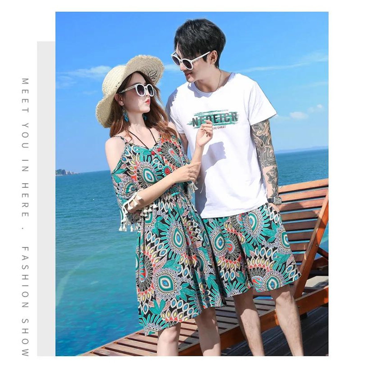 Boho Patterned Off Shoulder V Neck Tassel Dress with Letter Print White T-shirts and Boho Print Beach Shorts - ChildAngle