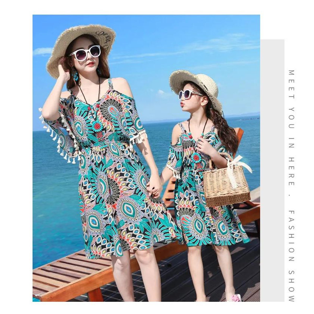 Boho Patterned Off Shoulder V Neck Tassel Dress with Letter Print White T-shirts and Boho Print Beach Shorts - ChildAngle