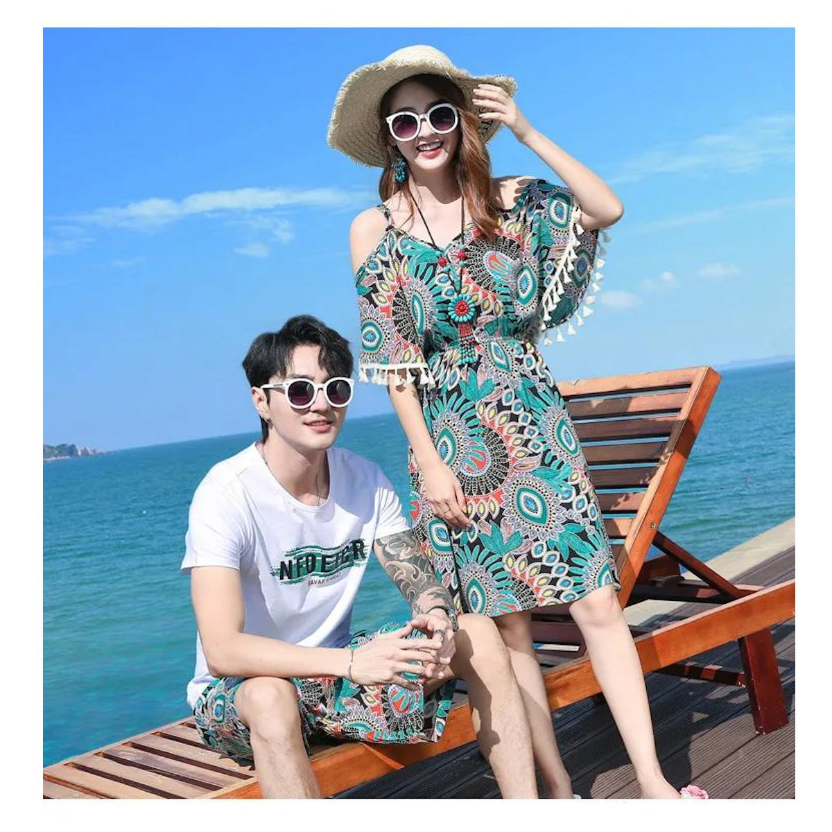 Boho Patterned Off Shoulder V Neck Tassel Dress with Letter Print White T-shirts and Boho Print Beach Shorts - ChildAngle
