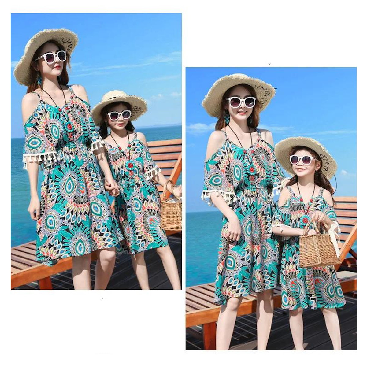 Boho Patterned Off Shoulder V Neck Tassel Dress with Letter Print White T-shirts and Boho Print Beach Shorts - ChildAngle