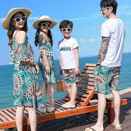 Boho Patterned Off Shoulder V Neck Tassel Dress with Letter Print White T-shirts and Boho Print Beach Shorts - ChildAngle