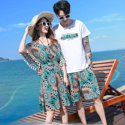 Boho Patterned Off Shoulder V Neck Tassel Dress with Letter Print White T-shirts and Boho Print Beach Shorts - ChildAngle