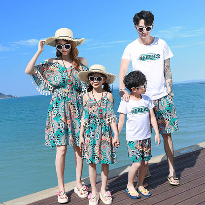 Boho Patterned Off Shoulder V Neck Tassel Dress with Letter Print White T-shirts and Boho Print Beach Shorts - ChildAngle