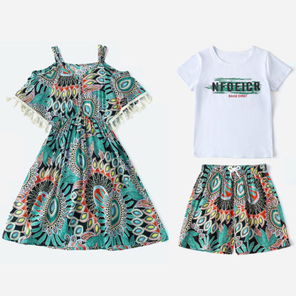 Boho Patterned Off Shoulder V Neck Tassel Dress with Letter Print White T-shirts and Boho Print Beach Shorts - ChildAngle