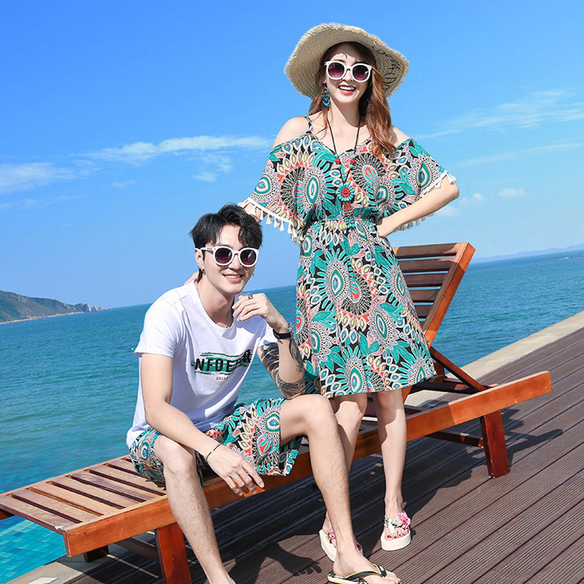 Boho Patterned Off Shoulder V Neck Tassel Dress with Letter Print White T-shirts and Boho Print Beach Shorts - ChildAngle