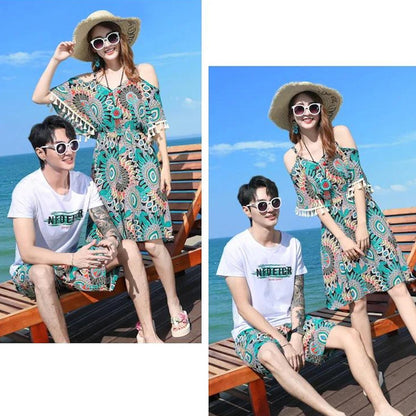 Boho Patterned Off Shoulder V Neck Tassel Dress with Letter Print White T-shirts and Boho Print Beach Shorts - ChildAngle