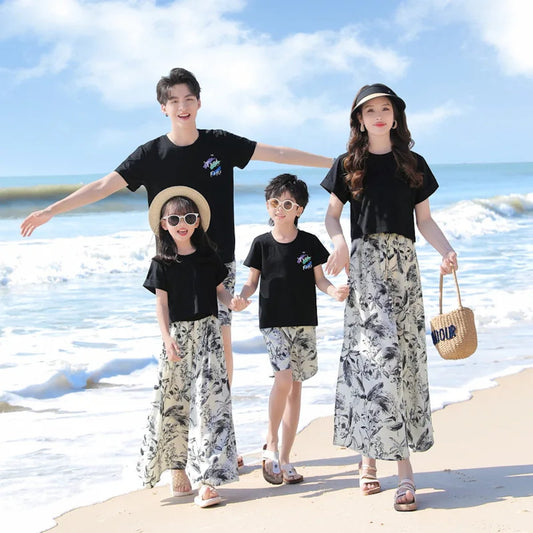 Matching Family Outfits Palm Leaves Outfits Dress and T-Shirts Set - ChildAngle