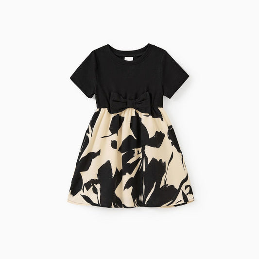 Family Matching Outfits Allover Black Floral Polo Shirts and Floral Skirt with Black T-Shirts Set - ChildAngle