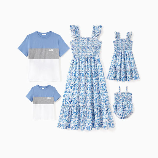 Family Matching Outfits Blue Colorblock Dad and Mini Matching Family Shirts and Shirred Top Ruffle Hem Strap Dress - ChildAngle