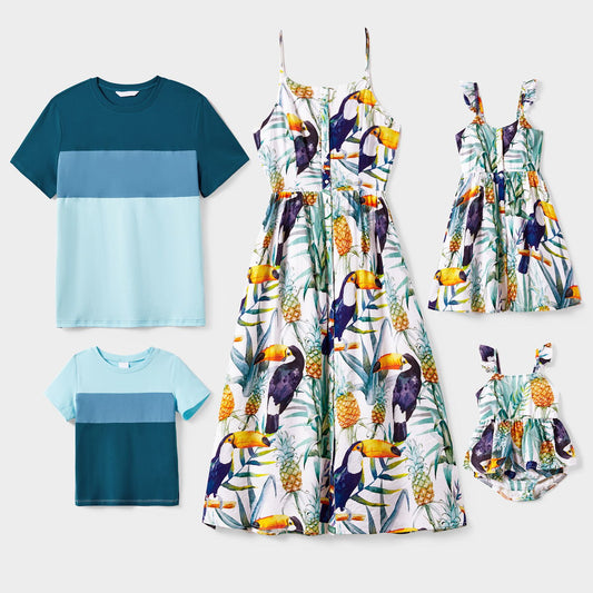 Family Matching Outfits Blue Colorblock T-Shirts and Button Up Tropical Print Pineapple Toucan Print Strap Dress - ChildAngle