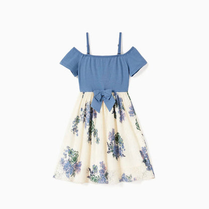 Family Matching Outfits Colorblock Front Pocket T-Shirts and Off Shoulder Floral Lace Bottom Dress - ChildAngle