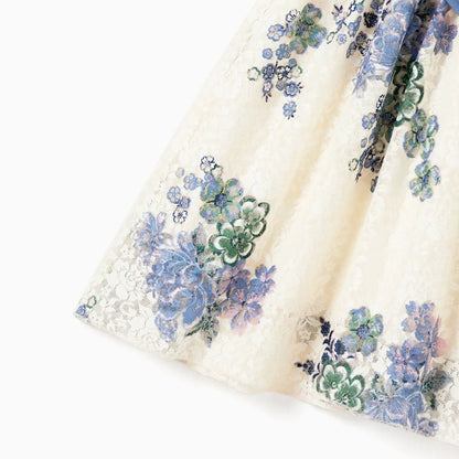 Family Matching Outfits Colorblock Front Pocket T-Shirts and Off Shoulder Floral Lace Bottom Dress - ChildAngle