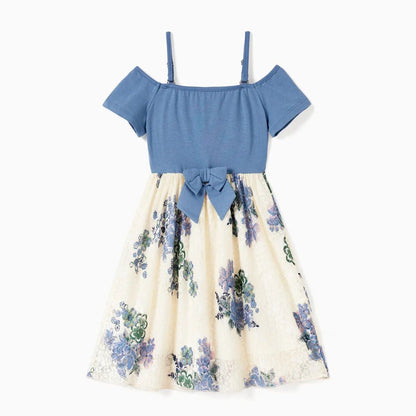 Family Matching Outfits Colorblock Front Pocket T-Shirts and Off Shoulder Floral Lace Bottom Dress - ChildAngle