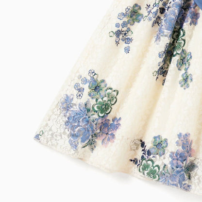 Family Matching Outfits Colorblock Front Pocket T-Shirts and Off Shoulder Floral Lace Bottom Dress - ChildAngle