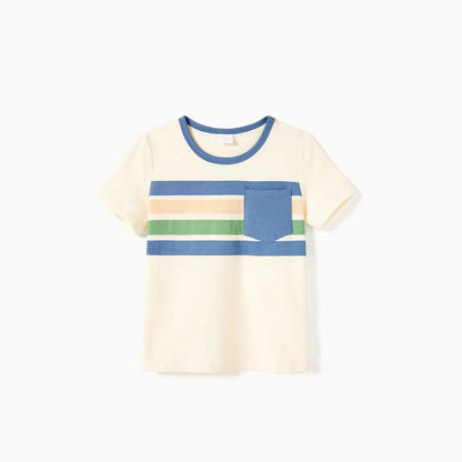 Family Matching Outfits Colorblock Front Pocket T-Shirts and Off Shoulder Floral Lace Bottom Dress - ChildAngle