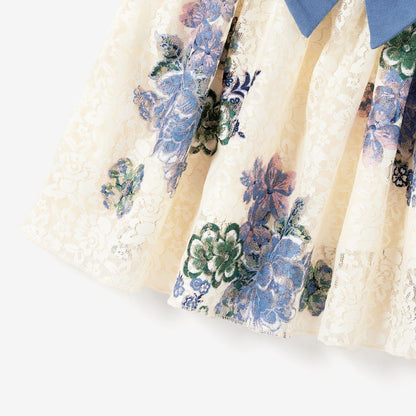 Family Matching Outfits Colorblock Front Pocket T-Shirts and Off Shoulder Floral Lace Bottom Dress - ChildAngle